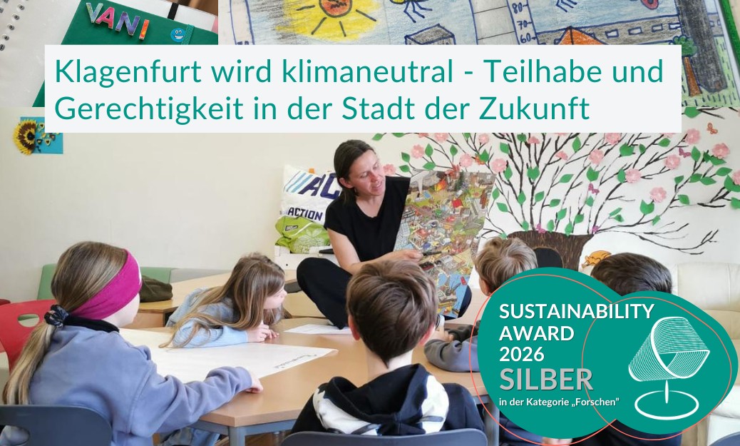 Klagenfurt wird klimaneutral - Teilhabe und Gerechtigkeit in der Stadt der Zukunft. Frau zeigt Kindern Plakat.